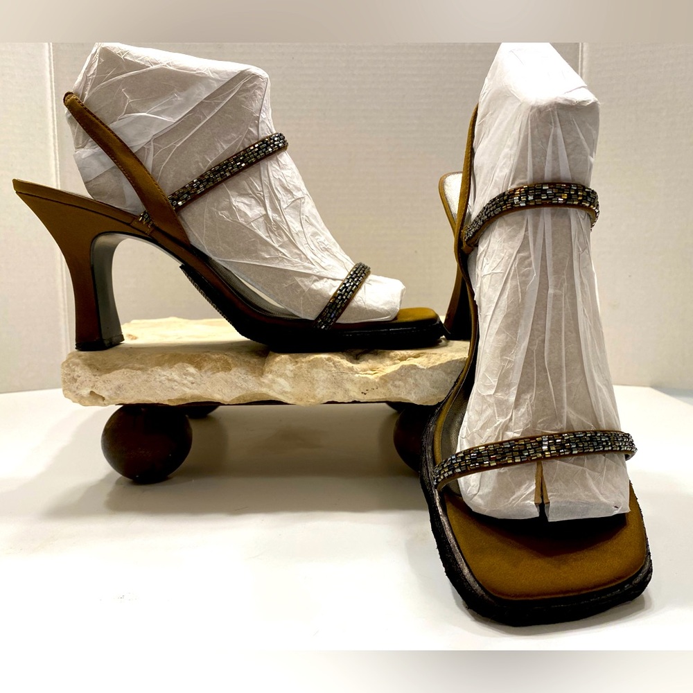 Mootsies Tootsies Brown Satin Beeded Strappy Slingback Heeled Sandals Sz 10
